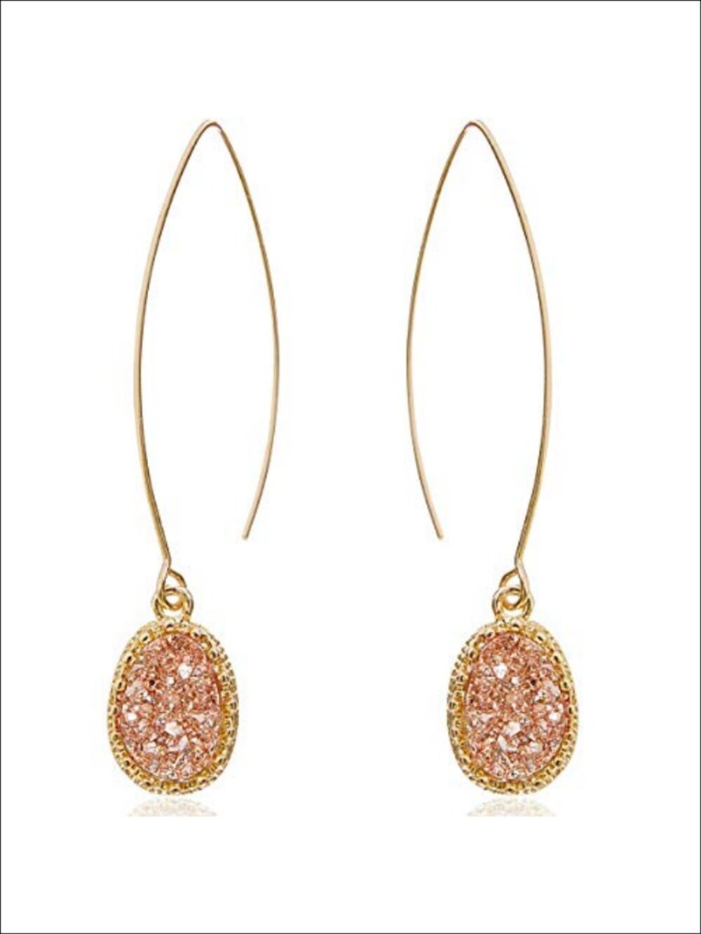 Long Druzy Threader Earrings Gold Tone Open Hoop Dangle